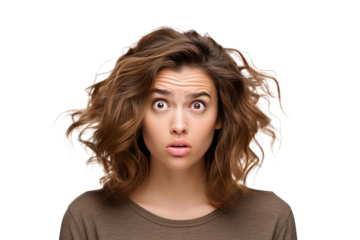 Studio portrait of upper half of a young woman showing facial expressions isolated on transparent png background. Human emotions, Face expressions.