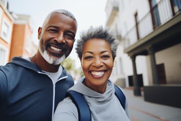 Athletic African American couple in sportswear posing for camera with confident and energetic smiles. Happy mature man and woman jogging or working out outdoors. Healthy lifestyle in urban environment