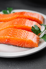 raw salmon red fish fillet pieces fresh delicious healthy eating cooking appetizer meal food snack on the table copy space food background rustic top view