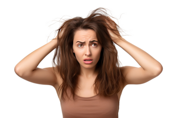 Studio portrait of upper half of a young woman showing facial expressions isolated on transparent png background. Human emotions, Face expressions.