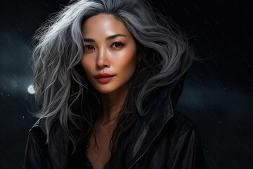 35 year asian woman with long gray hair on black background. Beauty concept