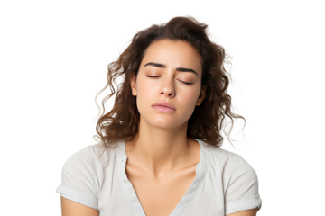 Studio portrait of upper half of a young woman showing facial expressions isolated on transparent png background. Human emotions, Face expressions.