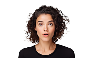 Studio portrait of upper half of a young woman showing facial expressions isolated on transparent png background. Human emotions, Face expressions.