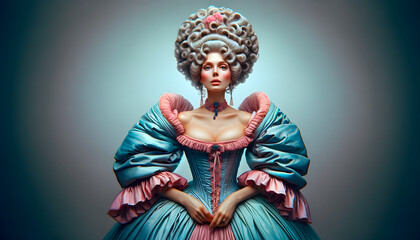 Georgian Era Actress in Powder Blue Dress with Rose Pink Accents in Minimalist Studio Portrait. Generative AI