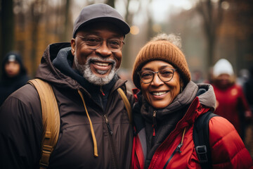 Close-up of cheerful elderly African American couple in tourist outerwear with backpacks against the backdrop autumn forest. Active seniors hike together. Healthy lifestyle for retired people. - obrazy, fototapety, plakaty