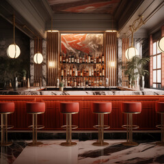 opulente detailreiche Bar Restaurant im artdeco Stil mit Barhockern und Marmorwand