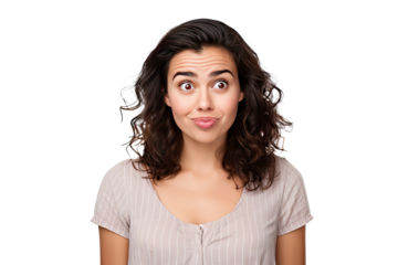 Studio portrait of upper half of a young woman showing facial expressions isolated on transparent png background. Human emotions, Face expressions.
