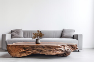 Minimalist Modern Living Room - Live Edge Coffee Table, Grey Sofa, White Wall