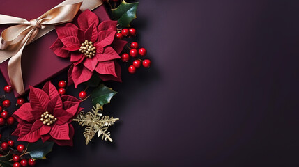purple christmas background with poinsettia with leaves, red berries, gift box wrapped red silk ribbon, gold tinsel, with empty copy Space