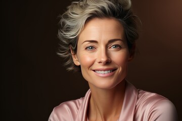Close-up portrait of beautiful middle-aged woman with dreamy smile. Mature lady with grey hair and healthy face skin. Natural beauty, anti-wrinkle cosmetics, skincare concept. Black background. - obrazy, fototapety, plakaty