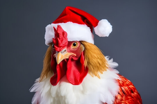 Portrait of a Rooster or Chicken Dressed in a Red Santa Claus Costume in Studio with Colorful Background