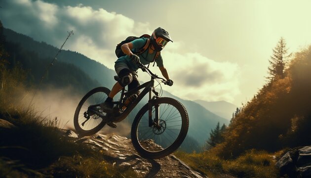 Trailblazer: Woman Mountain Biking Through Summer Forest Vistas. Generative ai