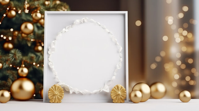 Christmas background empty picture frame mock up and decoration. Golden balls and blurred background