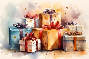 Big stack of watercololored christmas presents background