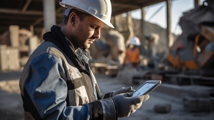 An engineer uses a tablet computer on his machine to control the loading of cement onto a mixer truck in a concrete plant. - obrazy, fototapety, plakaty
