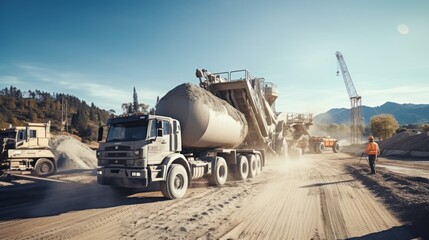 An engineer uses a tablet computer on his machine to control the loading of cement onto a mixer truck in a concrete plant.