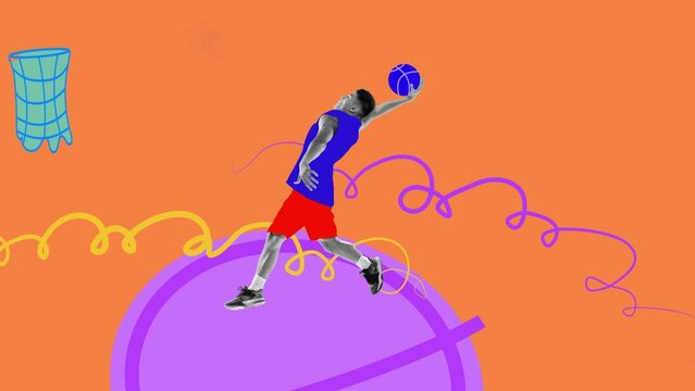 Stop motion. Animation. Composition with Asian male basketball player performing slam dunk to colorful painted basket. Trendy urban style.