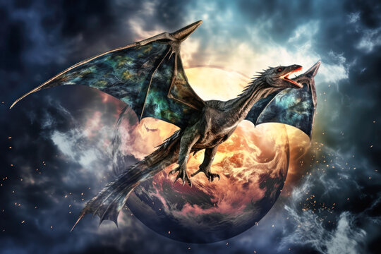 Pterodactyl on the planets. Dinosaur. Jurassic period. Flying monster. Global catastrophe. Death of the dinosaurs.