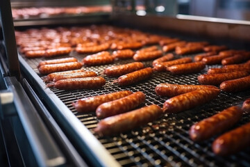 Photo of hot dogs grilling on a summer barbecue. Industrial smoking of sausages and meat products in a factory. sausage in the smokehouse. flavorful sausages. - obrazy, fototapety, plakaty