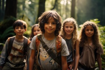Fototapeta premium Group portrait of cheerful smiling multiethnic children summer forest. Happy boys and girls of different skin colors play and have fun together outdoors. Diversity and friendship concept.