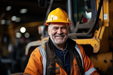 male industrial worker wearing a helmet in the background of excavator production working in an industrial factory.