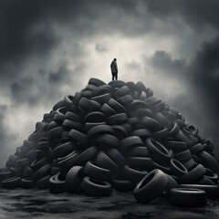 Man at top of pile of used old car tires. Dark sky on background. Environmental pollution concept. - 674673480