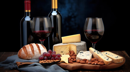 wine and several cheese types on a wooden table created with Generative AI technology