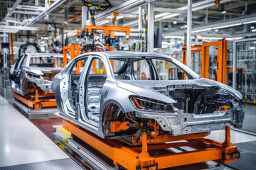Car production line. Assembling a car on a conveyor belt. Close-up of a car body. Automotive industry Interior of a high-tech factory, modern production.