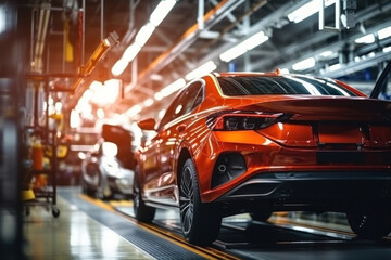 Fototapeta premium Assembly line for the production of modern cars. The final stage of assembly and testing during production. Quality control. Automated assembly. Modern technologies.