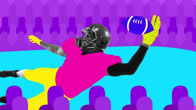 Gridiron. Contemporary stop motion. Animation. American football player dressed drawn uniform, catching pass in air over painted bright background