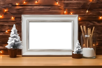 Mockup empty photo frame on christmas background