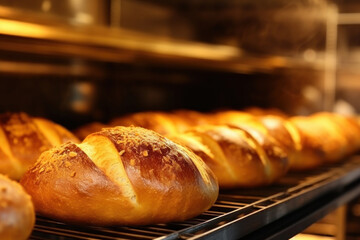 Bread in the oven at a bakery. Production and baking of fresh bread. Industrial furnace. Baking bread. Fire, smoke and steam. Close-up.