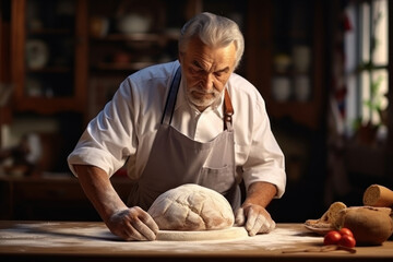 Fototapeta premium An elderly male baker prepares dough for bread in the kitchen. Kneads dough for baking. Homemade bread production. Fresh bakery. Private production.