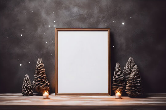 Mockup empty photo frame on christmas background