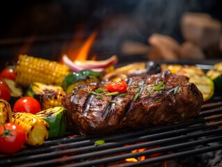 Barbeque grilled meat steak with fire on blurred background