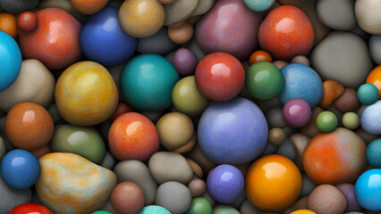 Fototapeta na wymiar Colorful round river rocks background. AI generative illustration. top view.