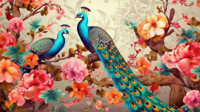 Exotic oriental pattern with peacocks and flowers in.Generative AI