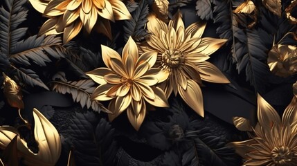 Golden and black flowers and leaves.3d render background.Generative AI