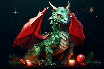 Low poly style Christmas dragon, symbol of 2024 New year