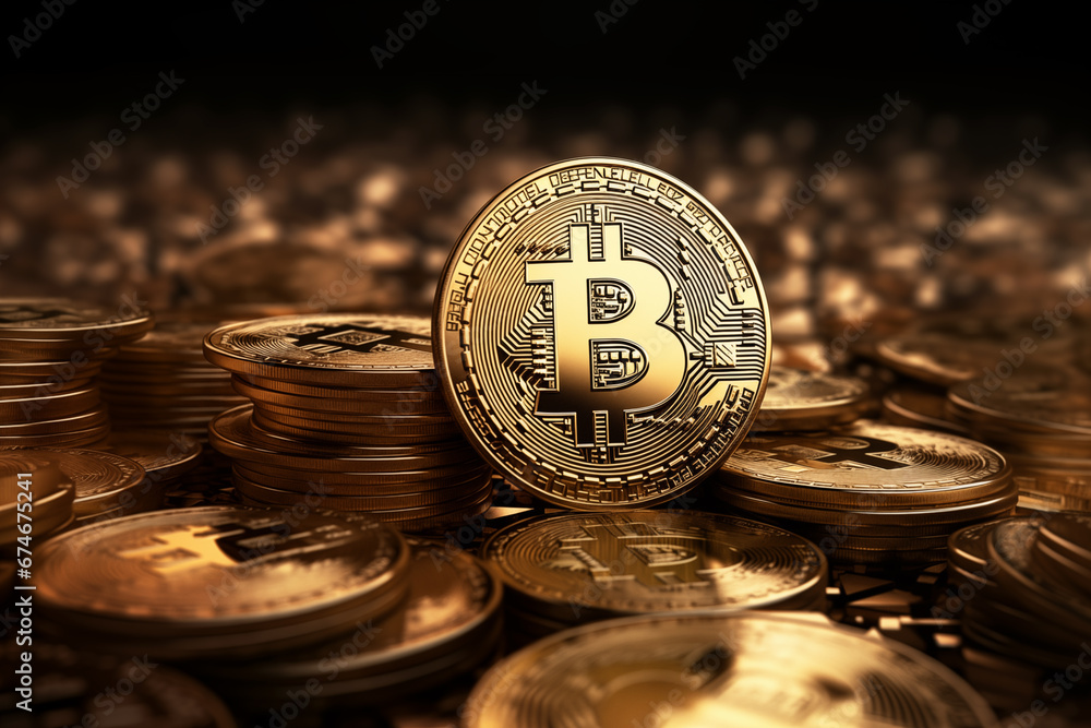 Poster bitcoin coin prominently displayed in the foreground with a multitude of coins piled in the backgrou