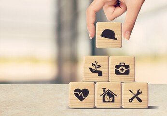 Health safety education icons on wooden cube