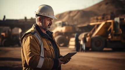 An industrial engineer uses a computer tablet to control a conveyor belt in an open-pit sand mine. - obrazy, fototapety, plakaty