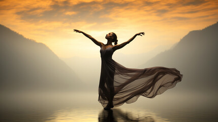
Silhouette of dancer with tulle dress flying in the wind. Young woman dancing classical dances in a mountain landscape at sunset. Ballet.