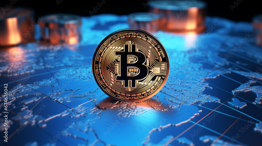 Poster physical bitcoin token standing prominently against a luminescent digital map of the world. global c