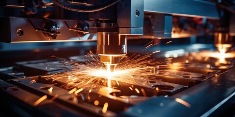 Fototapeta premium CNC Macro Laser Machine Spark Cutting Metal Sheets Industrial Signage Blue Steel Plasma Technology