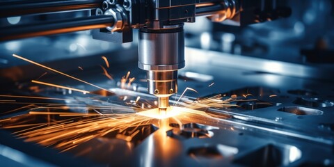 CNC Macro Laser Machine Spark Cutting Metal Sheets Industrial Signage Blue Steel Plasma Technology - obrazy, fototapety, plakaty