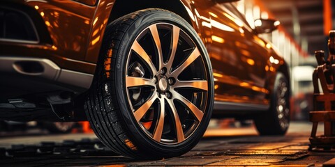 Mechanic unscrew wheels from car with light banner.