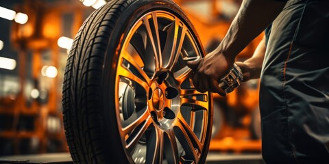 Mechanic unscrew wheels from car with light banner.