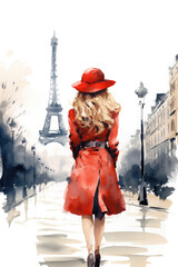 Nostalgia for old Paris: Watercolor image of a beautiful French woman near the Eiffel Tower