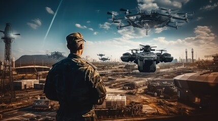 Mobile military base, soldier engineer transmits aerial pictures and data from drone to artillery.